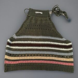 Jolie & Joy Green Knit Halter Top L Striped Boho Indie Y2K Festival